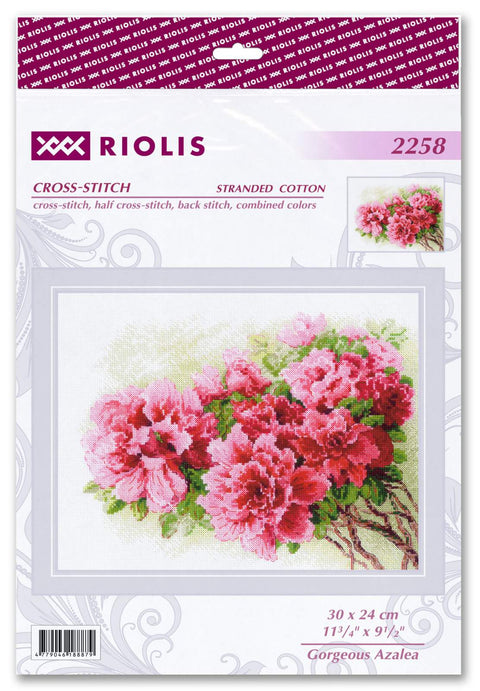 RIOLIS siuvinėjimo rinkinys "Gorgeous Azalea" Nr. 2258 — azalių motyvas, 30×24 cm, 20 spalvų