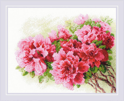 RIOLIS siuvinėjimo rinkinys "Gorgeous Azalea" Nr. 2258 — azalių motyvas, 30×24 cm, 20 spalvų