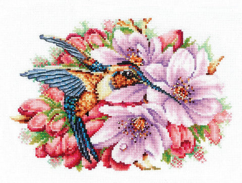 Kolibris ir gėlės — siuvinėjimo komplektas ant Aida 16 ct, 21×14,5 cm - kaSiulai.lt