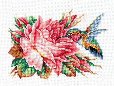 Kolibris ir rožė — siuvinėjimo komplektas Aida 16, 21 × 14,5 cm - kaSiulai.lt