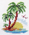 Kompaktiškas siuvinėjimo kryželiu rinkinys „Palmų sala“ 6×8 cm — balta 14 ct Aida, 10 spalvų - kaSiulai.lt