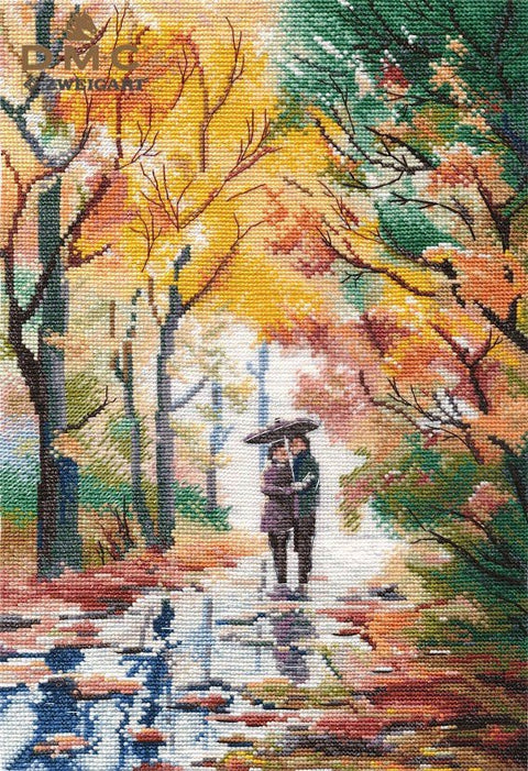 Komplektas kryželiu siuvinėti „Rudens pasivaikščiojimas“, 20×30 cm, DMC 16 ct - kaSiulai.lt