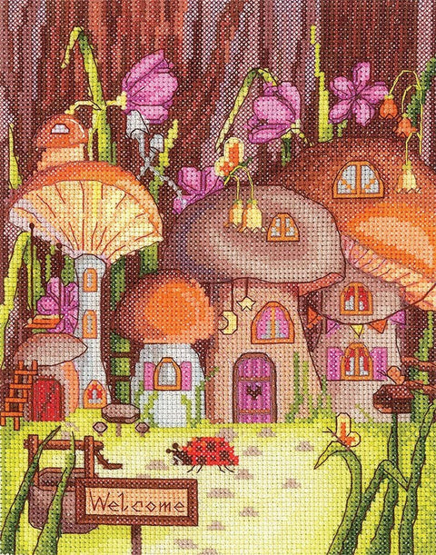Komplektas siuvinėjimui kryželiu „Grybai“ — Aida 14, 31 spalvų siūlai, 16,5×21 cm - kaSiulai.lt