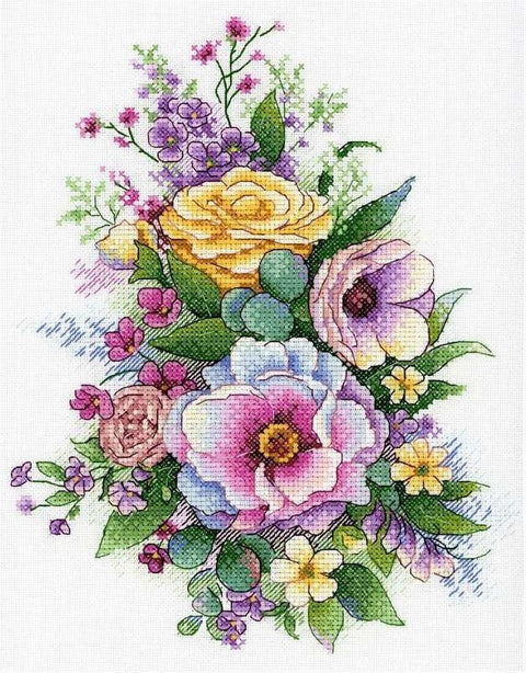 Komplektas siuvinėjimui kryželiu „Purpurinis pavasaris“, 25×20 cm, DMC 28 spalvų - kaSiulai.lt