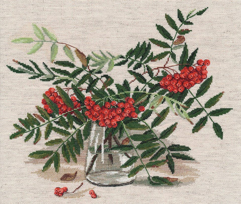 Komplektas siuvinėjimui kryželiu „Šermukšniai“ — Zweigart linas, 34×29 cm - kaSiulai.lt