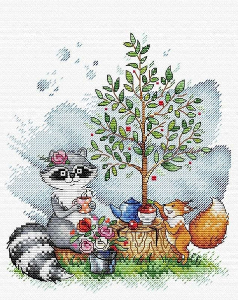 Komplektas siuvinėjimui kryželiu „Vasaros arbatos vakarėlis“, Aida 14 ct, 22×18 cm - kaSiulai.lt