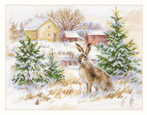 Komplektas siuvinėjimui kryželiu „Žiemos diena – rudas kiškis“, 23×17 cm (Aida 16) - kaSiulai.lt