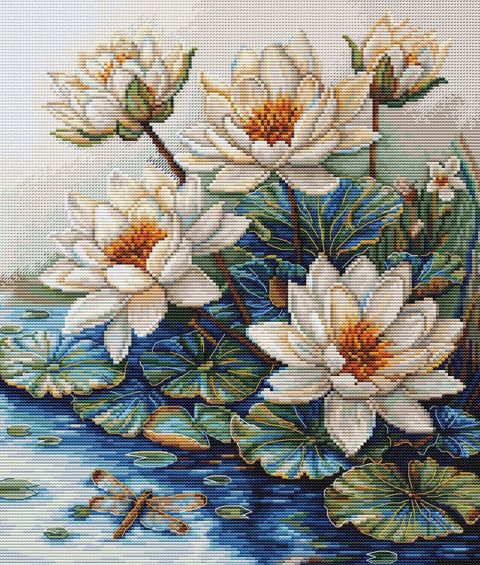 Kryželiu siuvinėjimo komplektas — Ežeras su vandens lelijomis, 25×30 cm - kaSiulai.lt