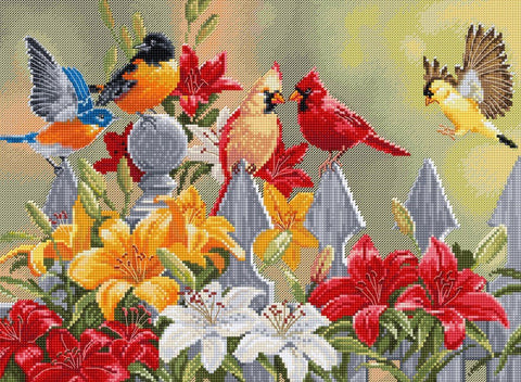 Kryželiu siuvinėjimo komplektas: Sodo paukščiai ir dieninės lelijos, 32×23 cm - kaSiulai.lt