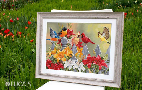 Kryželiu siuvinėjimo komplektas: Sodo paukščiai ir dieninės lelijos, 32×23 cm - kaSiulai.lt