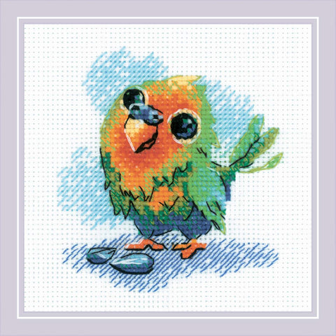 RIOLIS siuvinėjimo rinkinys „Mažoji papūgėlė“ Nr. 2284 — 15×15 cm, 12 spalvų
