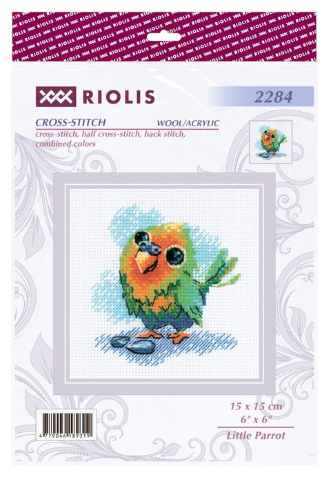 RIOLIS siuvinėjimo rinkinys „Mažoji papūgėlė“ Nr. 2284 — 15×15 cm, 12 spalvų