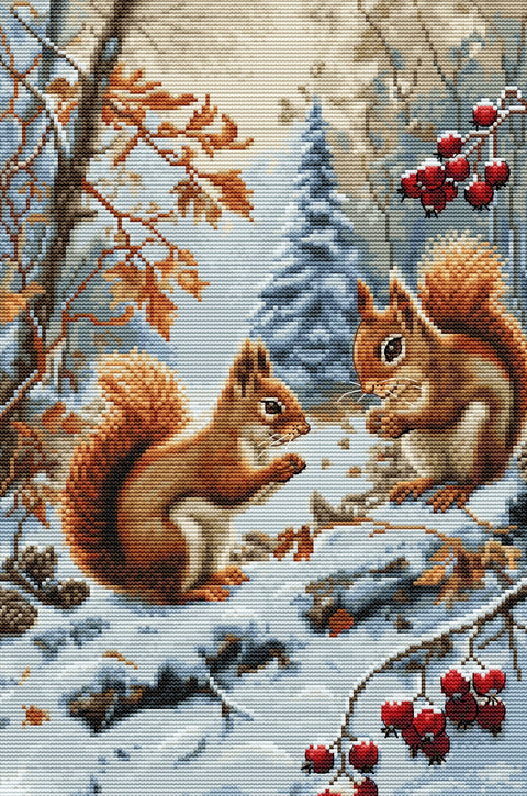 Luca - S komplektas siuvinėjimui kryželiu „Voverių džiaugsmas“, 21×32 cm - kaSiulai.lt