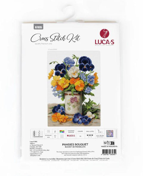 Luca - S siuvinėjimo komplektas kryželiu „Našlaičių puokštė“ 23 × 30 cm - kaSiulai.lt