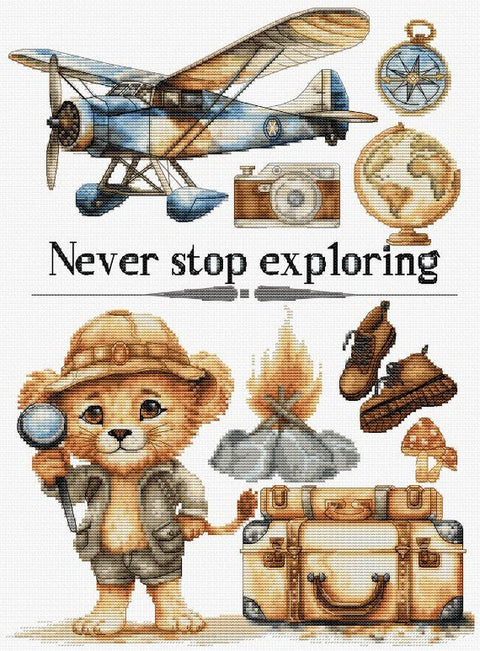 Luca - S skaičiuoto kryželio komplektas „Never Stop Exploring“ 25×35 cm - kaSiulai.lt