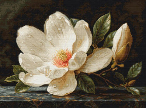 Luca‑S „Magnolijos rasa“ — elegantiška kryželiu siuvinėjimo kompozicija, 38×28 cm - kaSiulai.lt