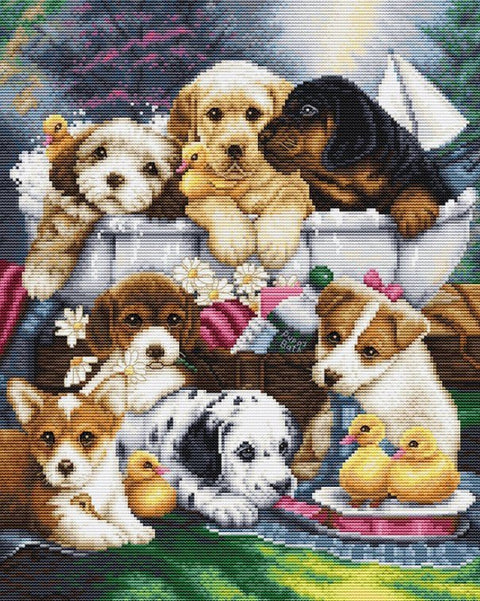Luca‑S siuvinėjimo komplektas „Maudynės su šuniukais“, 25×32 cm - kaSiulai.lt