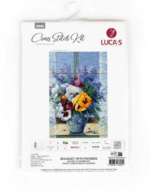 Luca‑S skaičiuoto kryželio siuvinėjimo rinkinys — Puokštė su našlaitėmis, 25×36 cm - kaSiulai.lt