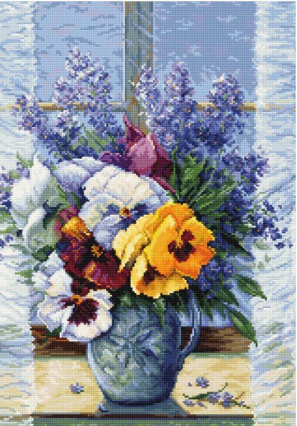 Luca‑S skaičiuoto kryželio siuvinėjimo rinkinys — Puokštė su našlaitėmis, 25×36 cm - kaSiulai.lt