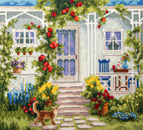 Charivna Mit kryželių rinkinys „Terasa“ — balta Aida 16, Madeira siūlai 50 spalvų, 24,5×22,5 cm