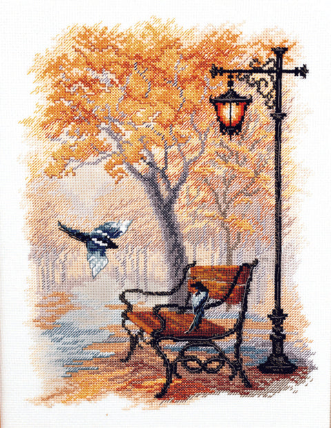 Kryželių siuvinėjimo rinkinys „Rudens parke“ – Zweigart Aida 16, 19×25 cm