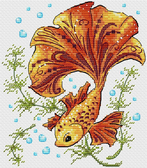 „Magiška žuvis“ — daugiaspalvis kryželiu siuvinėjimo komplektas 17×15 cm - kaSiulai.lt