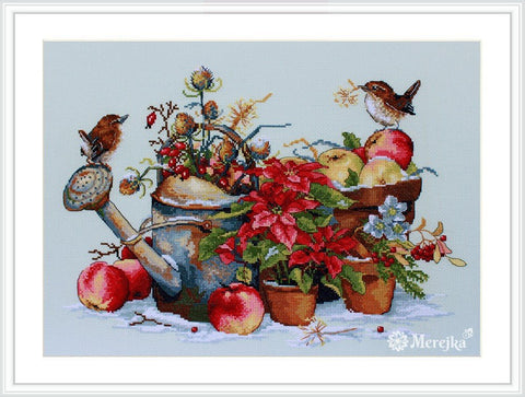 Merejka „December“ siuvinėjimo komplektas — Aida 16 (ledinė mėlyna), DMC, 37×28 cm - kaSiulai.lt