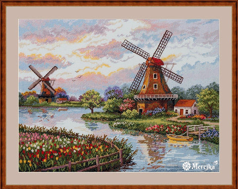 Merejka „Olandų malūnai“ siuvinėjimo komplektas DMC, Aida 16, 30×40 cm - kaSiulai.lt