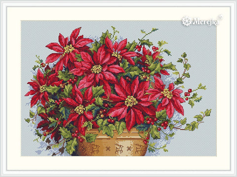 Merejka „Puansetija“ — kryželiu siuvinėjimo komplektas (Aida 16, DMC), 35×24 cm - kaSiulai.lt