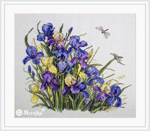 Merejka siuvinėjimo komplektas „Irises“ — lininė Belfast 32 ct, DMC, 32×27 cm - kaSiulai.lt