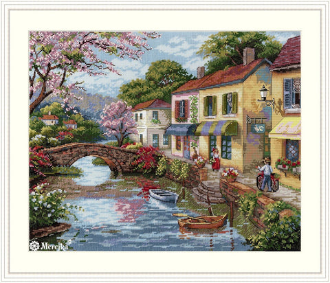 Merejka siuvinėjimo komplektas „Jaukus miesto krautuvėlių vaizdas“, 30×38 cm, Aida 16 - kaSiulai.lt