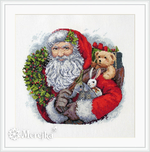 Merejka siuvinėjimo komplektas – Kalėdų Senelis su vainiku, 20×20 cm, Aida 16 - kaSiulai.lt