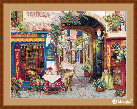 Merejka siuvinėjimo komplektas „Kavinė Veronoje“, 30×40 cm — Aida 16, DMC - kaSiulai.lt