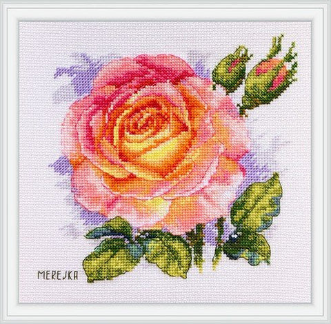 Merejka siuvinėjimo komplektas kryželiu „Rožė“ — Aida 16 ct, 15×15 cm, balta drobė - kaSiulai.lt