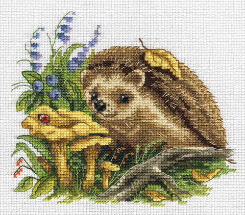 Mielas ežiukas su grybais — siuvinėjimo komplektas kryželiu, puiki dovana - kaSiulai.lt