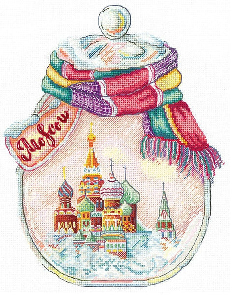 „Miestai butelyje: Maskva“ — skaičiuoto siuvinėjimo komplektas, Aida 16 ct, 30 spalvų, 18×23 cm - kaSiulai.lt