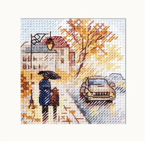 Mini komplektas skaičiuotu kryželiu „Ruduo mieste“, 7×7 cm, lininis 14 ct - kaSiulai.lt