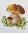 Mini siuvinėjimo kryželiu rinkinys „Balti grybai“, Aida 14 ct, 10×10 cm - kaSiulai.lt