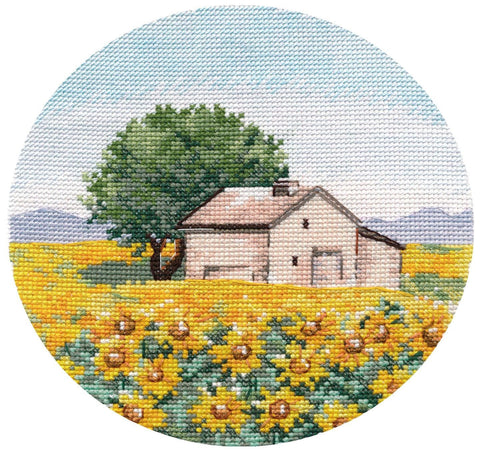 Miniatiūrinis siuvinėjimo komplektas kryželiu „Saulėgrąžos“ 15×15 cm, Aida 16 - kaSiulai.lt