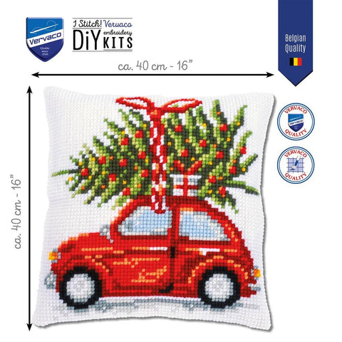 Pagalvėlės užvalkalo siuvinėjimo komplektas — Kalėdinis automobilis (kryželiu) - kaSiulai.lt