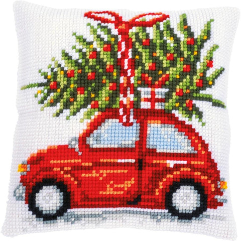 Pagalvėlės užvalkalo siuvinėjimo komplektas — Kalėdinis automobilis (kryželiu) - kaSiulai.lt