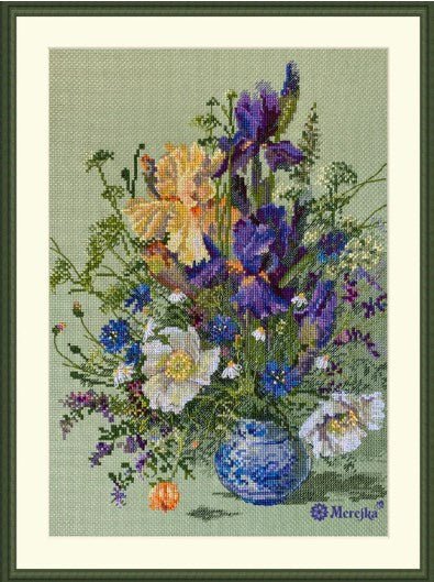 Pilnas siuvinėjimo kryželiu komplektas „Irisai ir laukinės gėlės“, 25×35 cm - kaSiulai.lt