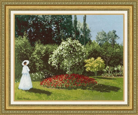 Prabangus siuvinėjimo kryželiu komplektas „Moteris sode“ Aida 16, 36,3×46,2 cm, 53 spalvos - kaSiulai.lt