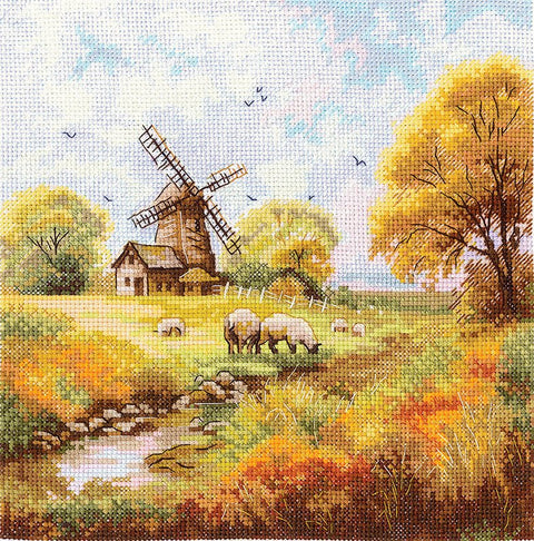 „Prie seno malūno“ – kryželiu siuvinėjimo komplektas, 19×19 cm - kaSiulai.lt