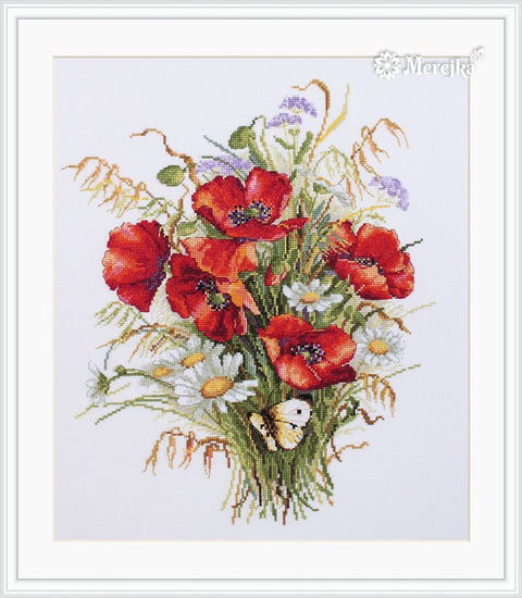 Rankų siuvinėjimo komplektas "Aguonos ir avižos" — Aida 16, DMC, 27×33 cm - kaSiulai.lt