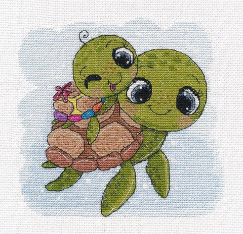 Rinkinys siuvinėjimui kryželiu „Linksmi vėžliukai“, 14 ct, 16×17 cm - kaSiulai.lt