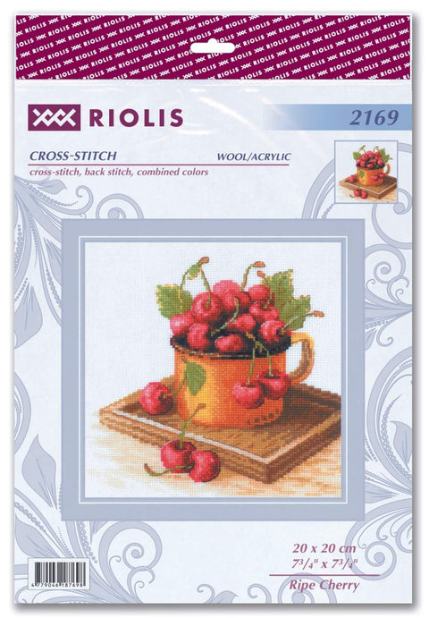 RIOLIS siuvinėjimo rinkinys Ripe Cherry Nr.2169 – Aida 14 ct, 20×20 cm, 24 spalvos