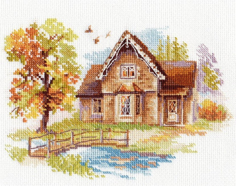 „Rugsėjo namas“ – kryželiu siuvinėjimo komplektas, Aida 16, 18×14 cm, 21 spalva - kaSiulai.lt