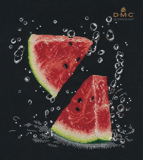 Ryškus siuvinėjimo komplektas „Arbūzas“ DMC (Zweigart 14 ct) 22×23 cm, 14 spalvų - kaSiulai.lt