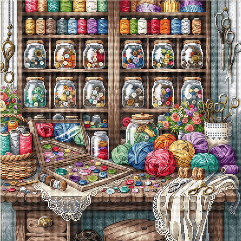 „Siuvimo kambarys“ kryželiu siuvinėjimo rinkinys AVA-P022, 32×32 cm